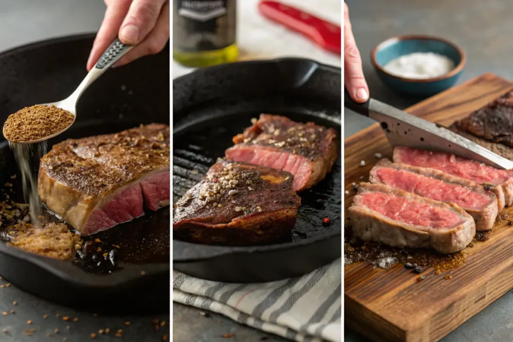 Denver steak sizzling in a cast iron skillet with garlic, rosemary, and butter, showing expert cooking techniques under golden light.