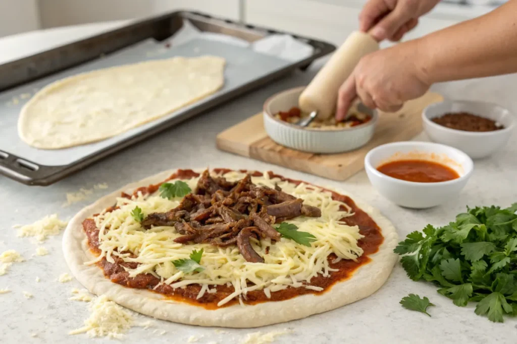 A partially assembled pizza with shredded cheese, pulled pork, and herbs sits on a countertop.