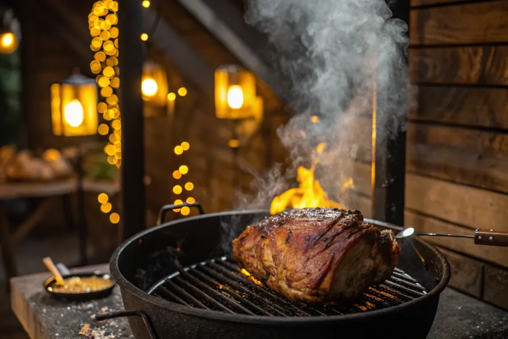Arm Roast :A large piece of meat smokes and sizzles on a grill.