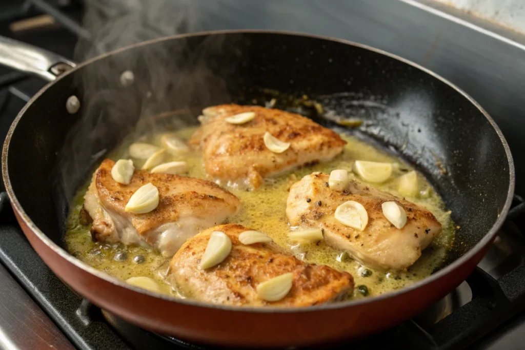  cooking in a skillet with garlic and a buttery sauce.