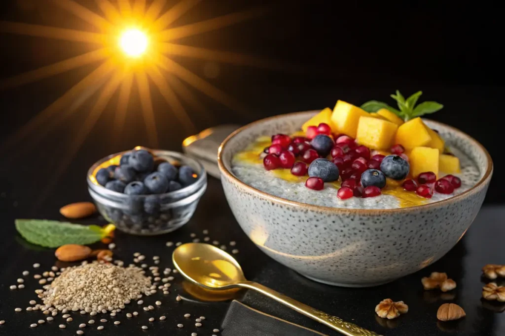A bowl of chia seed pudding topped with mango, blueberries, pomegranate seeds, and a drizzle of honey.