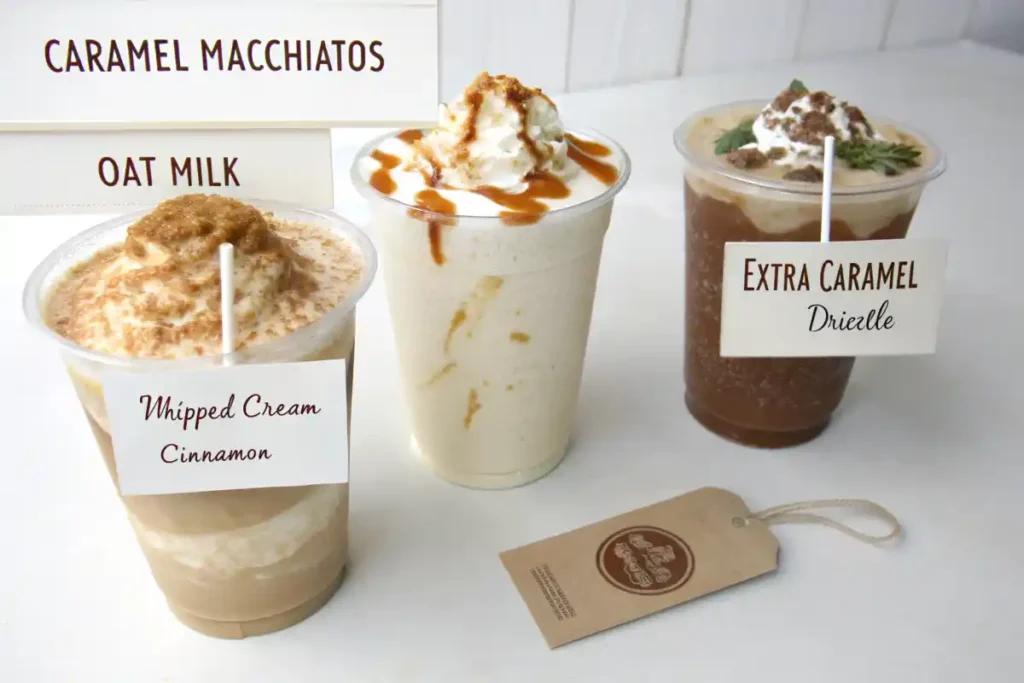 hree coffee drinks: one with oat milk, one with extra caramel, and one topped with whipped cream.