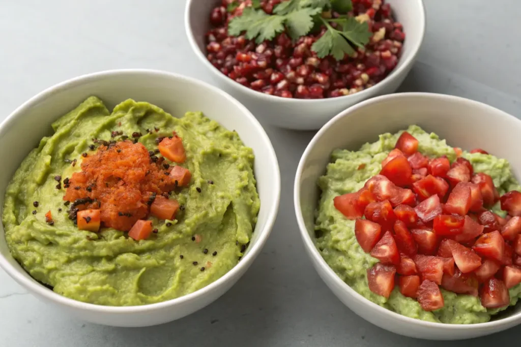 Three white bowls contain various toppings on guacamole.