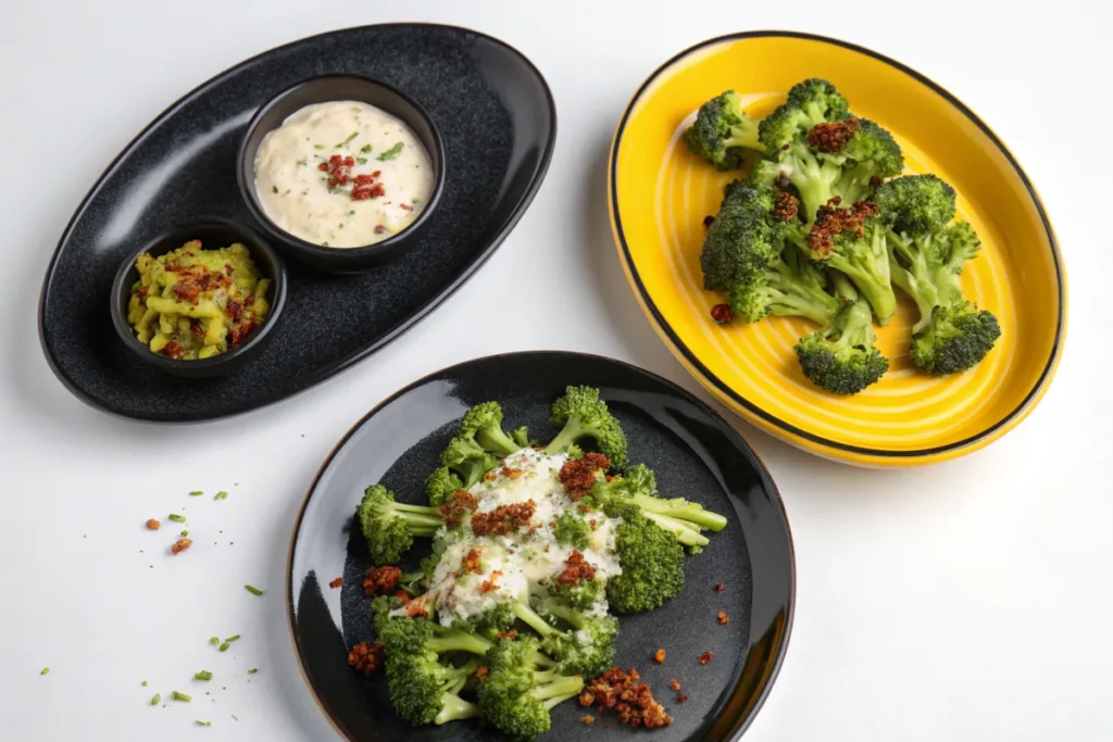 Three plates of cooked broccoli are arranged on a white surface, two with broccoli as the main dish, and one with dipping sauces.