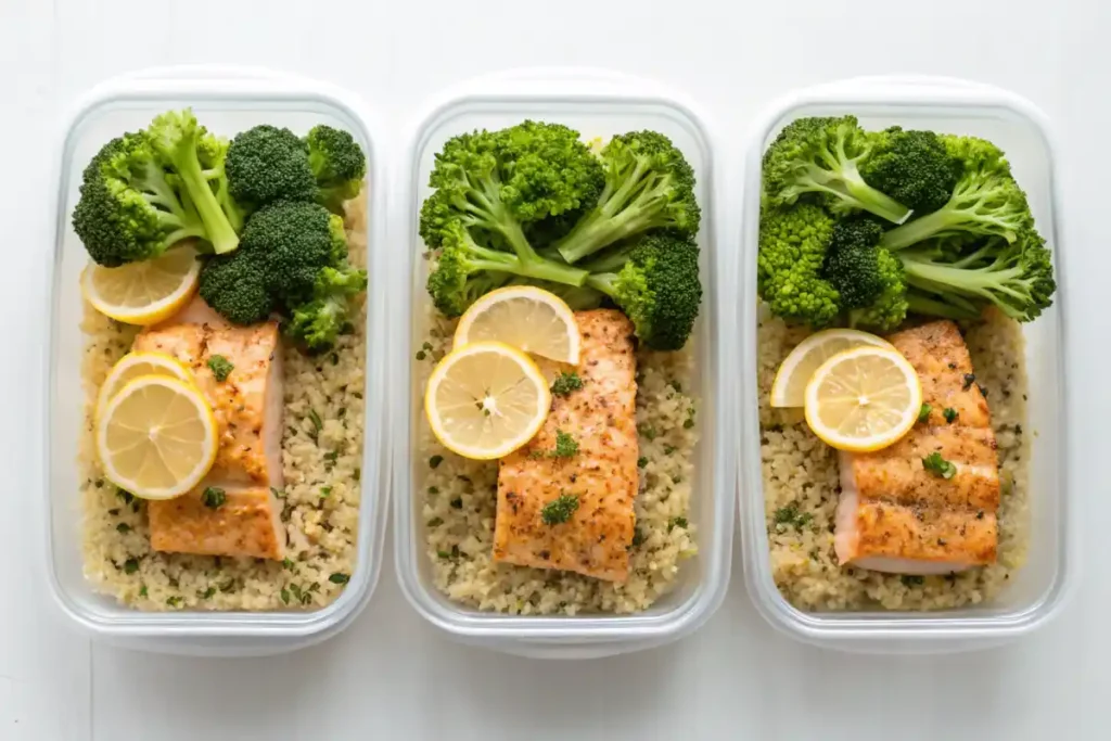 Meal prep containers with baked salmon, quinoa, and steamed broccoli.