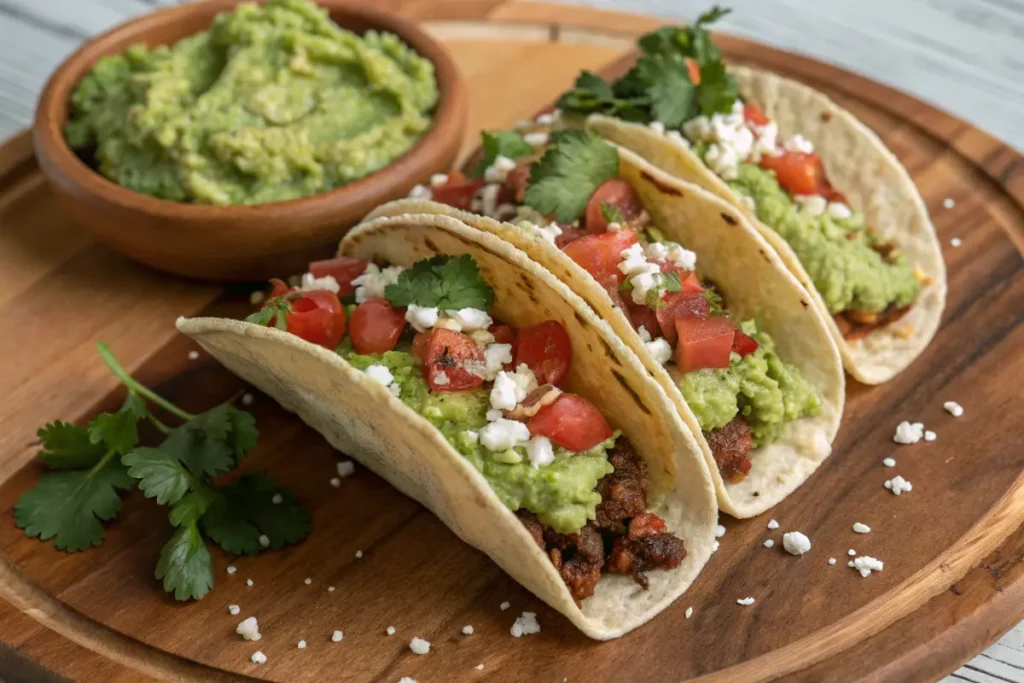Three tacos topped with guacamole, tomatoes, cheese, and cilantro sit on a wooden platter next to a bowl of guacamole.