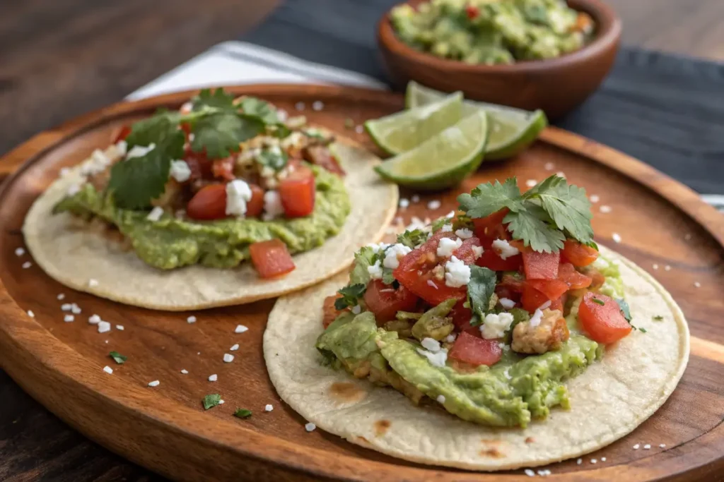 Two tacos topped with guacamole, tomatoes, cheese, and cilantro sit on a wooden plate with lime wedges and a bowl of guacamole in the background.