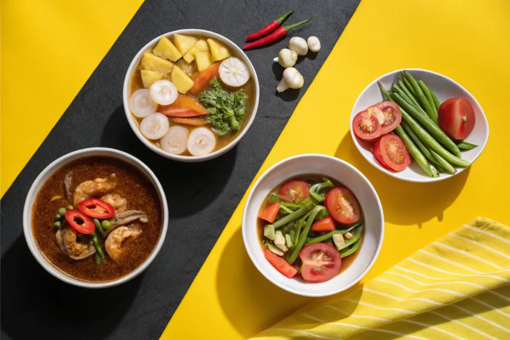 Four soup of food sit on a yellow and black background.