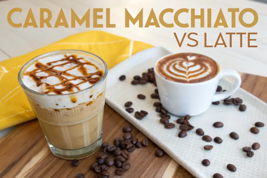 Top-down view of caramel macchiato and latte side by side with coffee beans on a yellow background