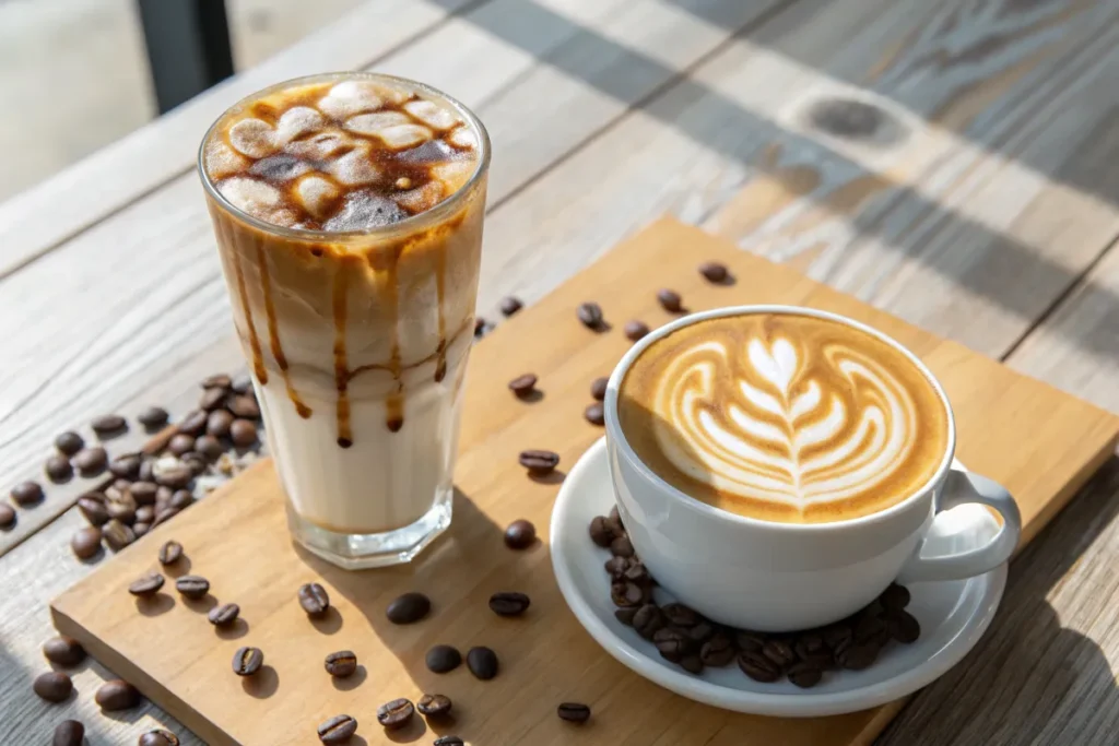 Caramel macchiato and latte side by side on a wooden table with coffee beans