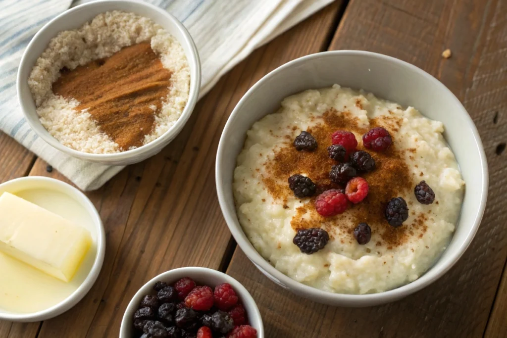 A dessert bowl with a warm cinnamon garnish next to another with fresh fruit toppings