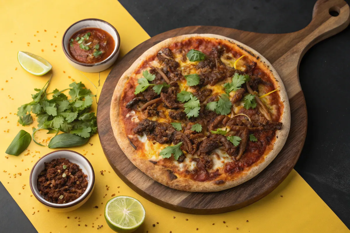 A pizza topped with seasoned meat and cilantro sits on a wooden serving board.