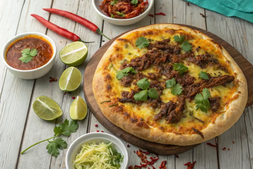 A cooked pizza topped with seasoned meat and cilantro sits on a wooden serving board.