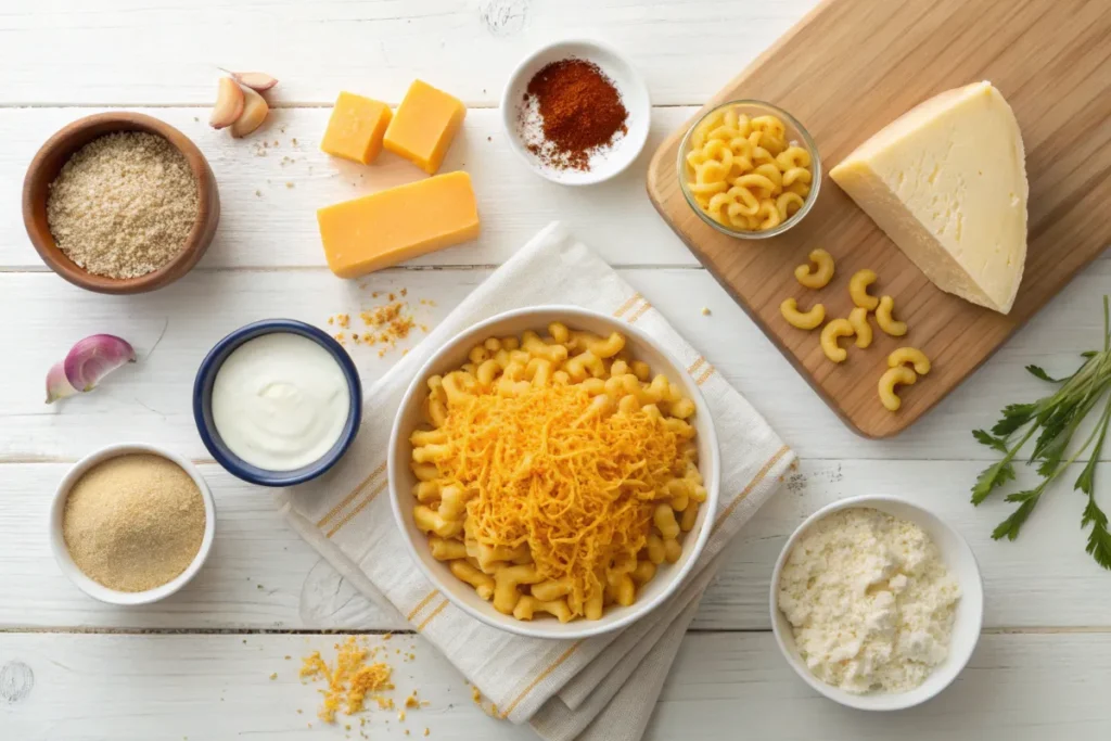 A bowl of macaroni and cheese sits on a table surrounded by ingredients like cheese, breadcrumbs, and spices.