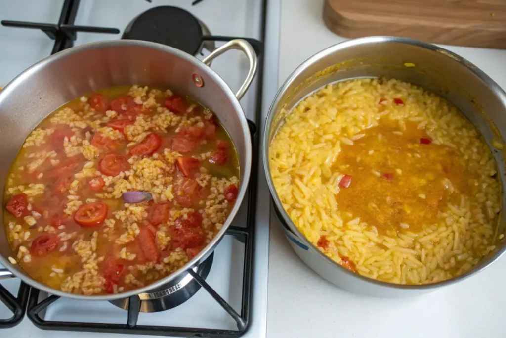 Mexican rice being cooked with tomatoes and spices, alongside Spanish rice simmering with saffron and broth