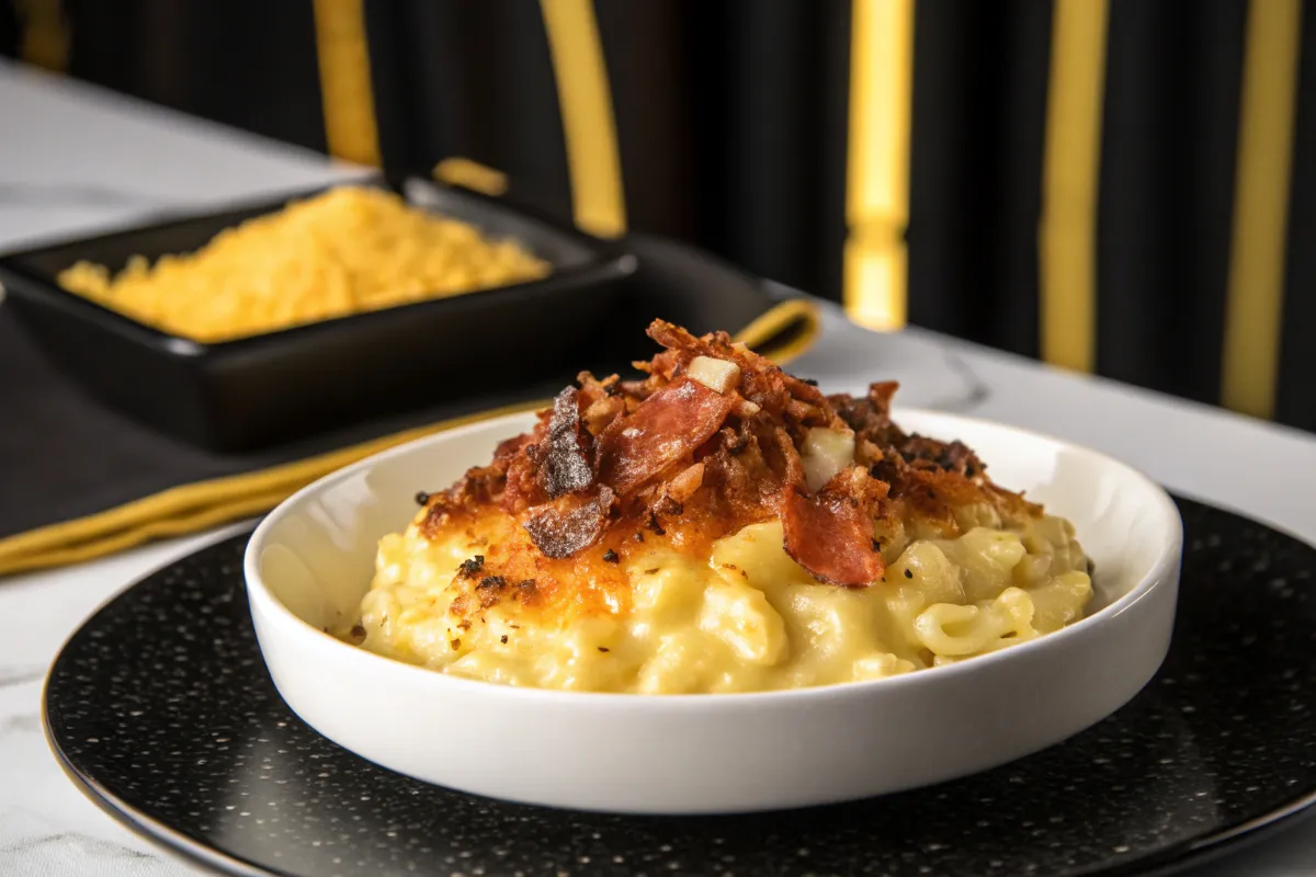 smoked mac and cheese topped with crispy bacon bits sits on a black speckled plate.