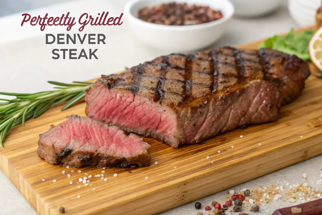 A perfectly cooked Denver steak sliced 