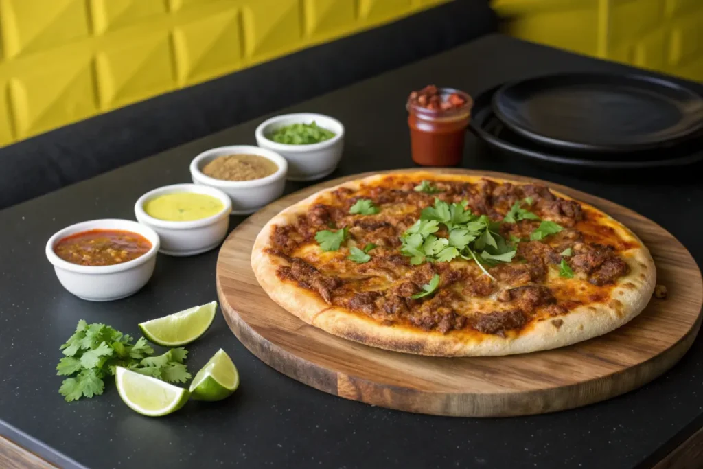 A seasoned minced meat pizza sits on a wooden board, garnished with cilantro, beside small bowls of spices and lime wedges.