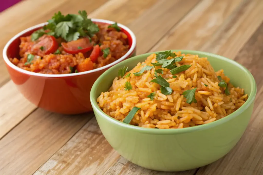 Mexican rice and Spanish rice side by side in bowls showing their differences in color and ingredients