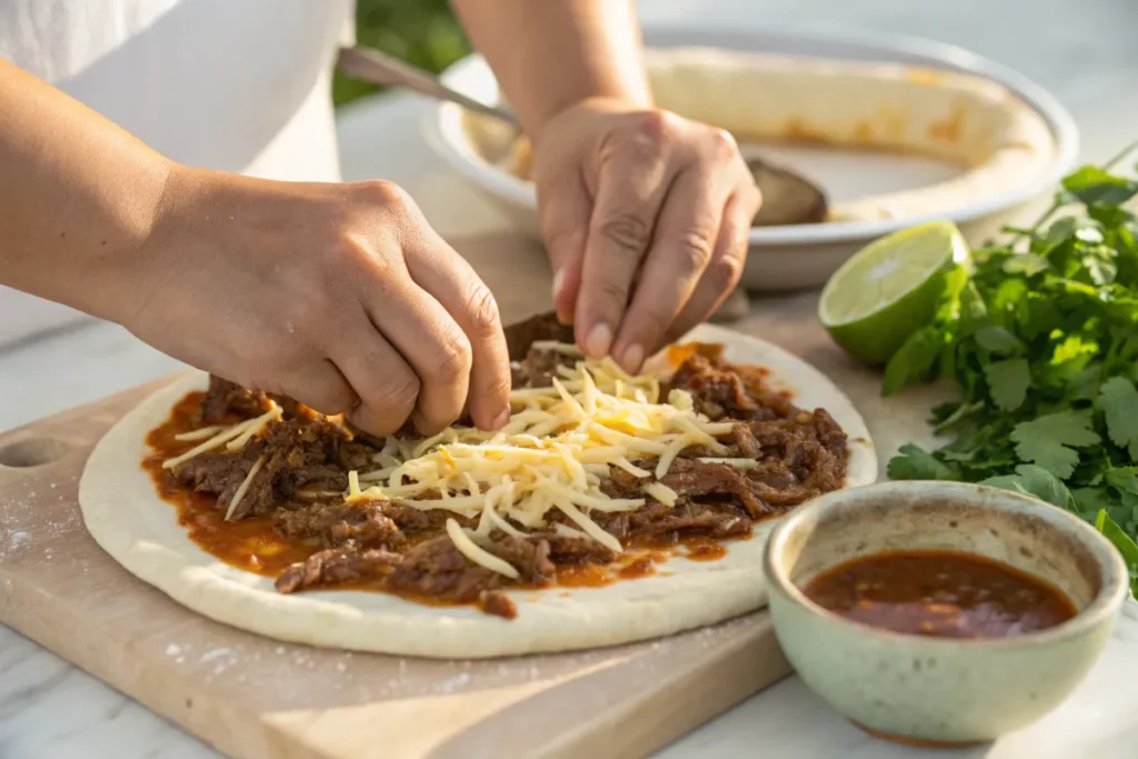 Hands spread shredded cheese and barbacoa on pizza dough.