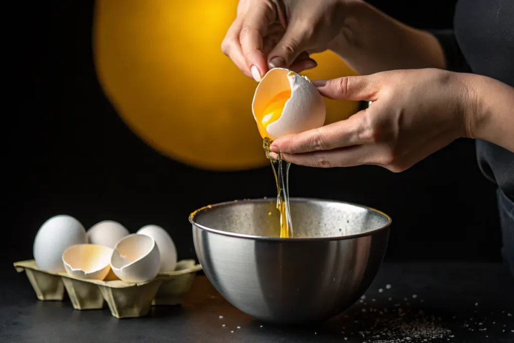 Hands crack an egg, separating the yolk and white into a metal bowl.