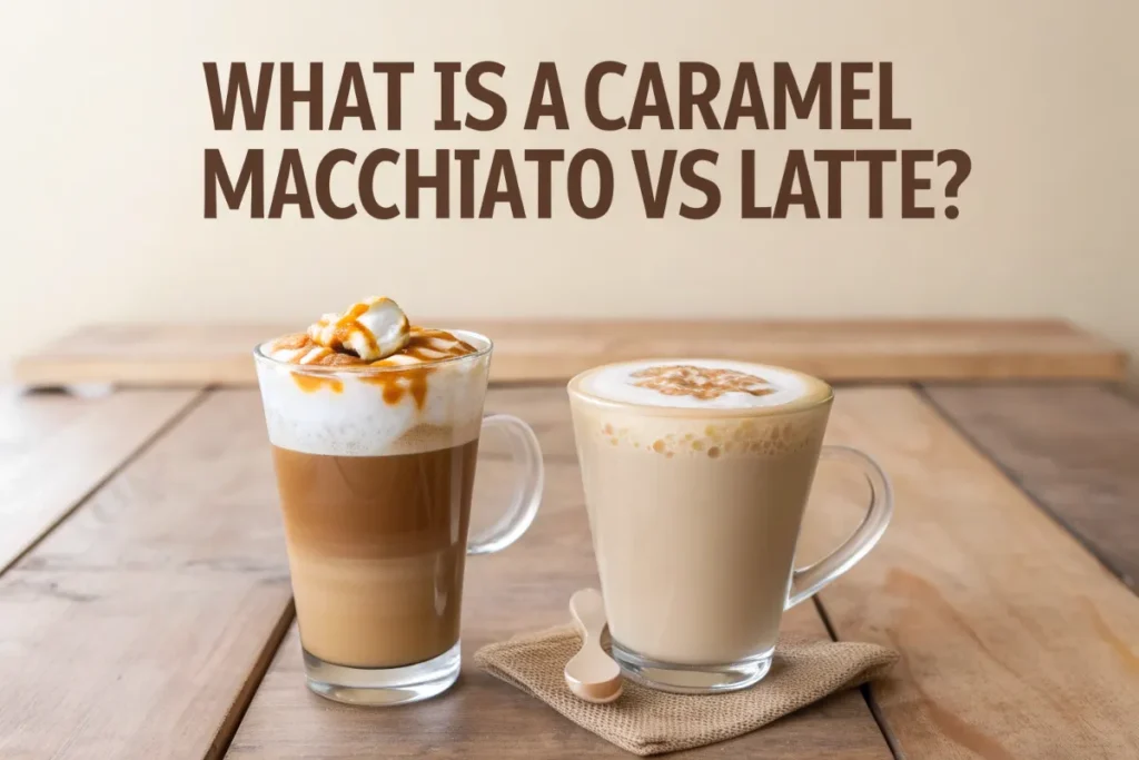 "What is a caramel macchiato vs latte? Bold text overlay on a featured image with coffee drinks.