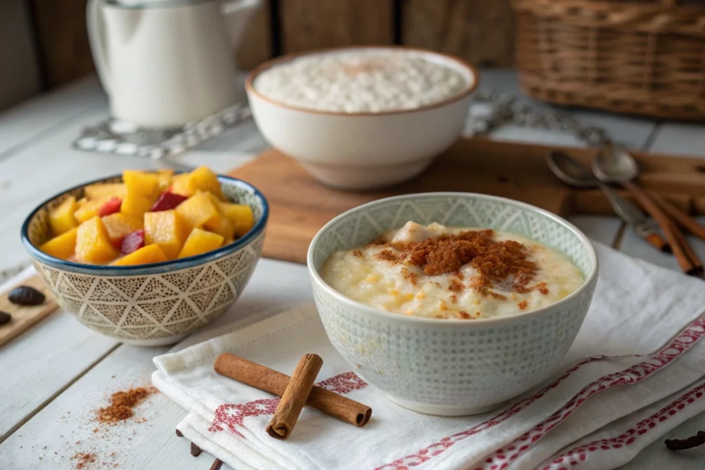 Warm dessert on one side with cinnamon and nuts, and a fresh fruit-topped dish on the other side