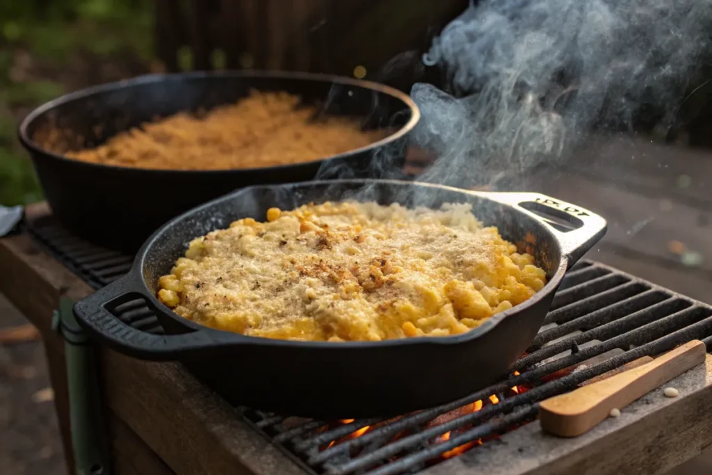 Smoked Mac and Cheese cooks in a cast iron skillet on a grill, with another skillet of breadcrumbs behind it.