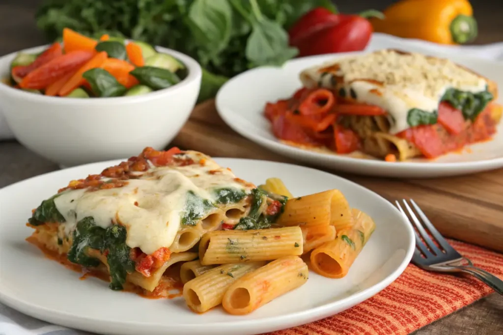 A plate of baked pasta with spinach and melted cheese sits on a table near a bowl of salad.