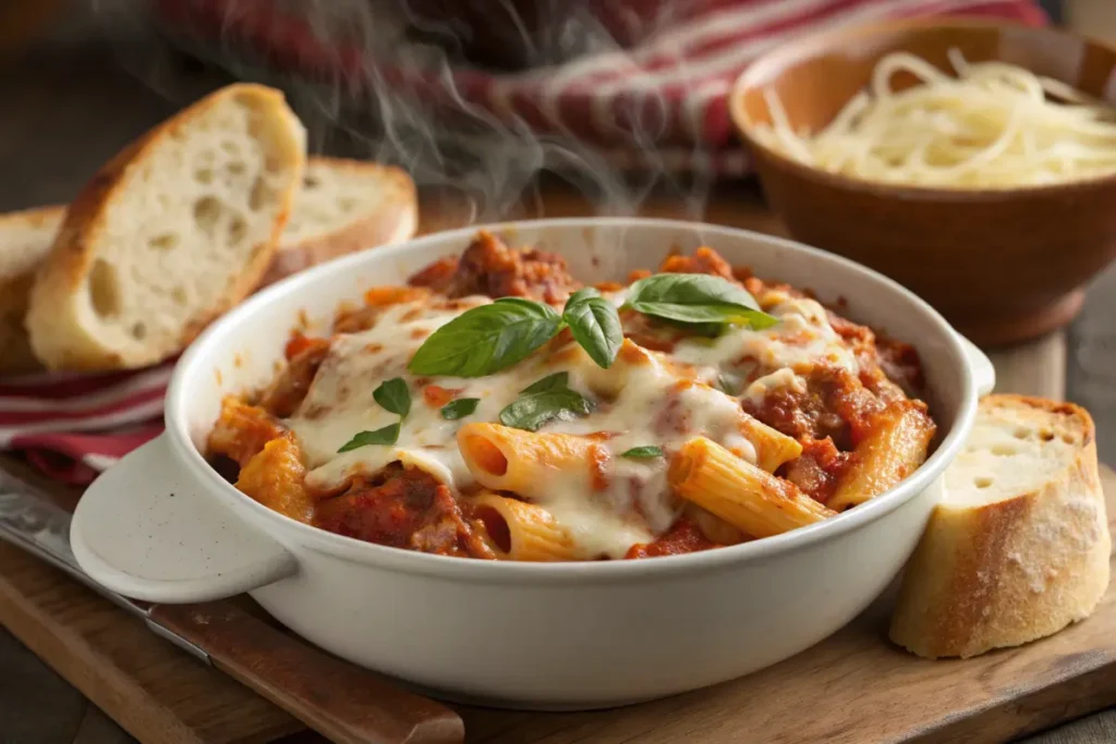Steaming hot baked pasta with melted mozzarella cheese and basil sits in a white dish next to sliced bread.