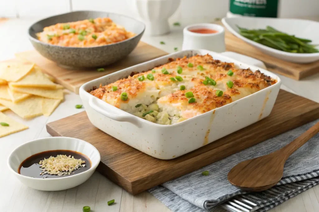 A creamy casserole dish topped with breadcrumbs and green onions sits on a wooden board.