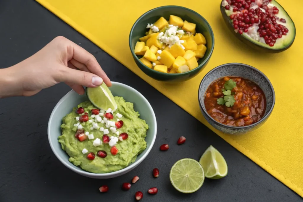 How Do You Spice Up a Bland Guacamole? : A hand squeezes lime juice onto a bowl of guacamole topped with pomegranate seeds and feta cheese.