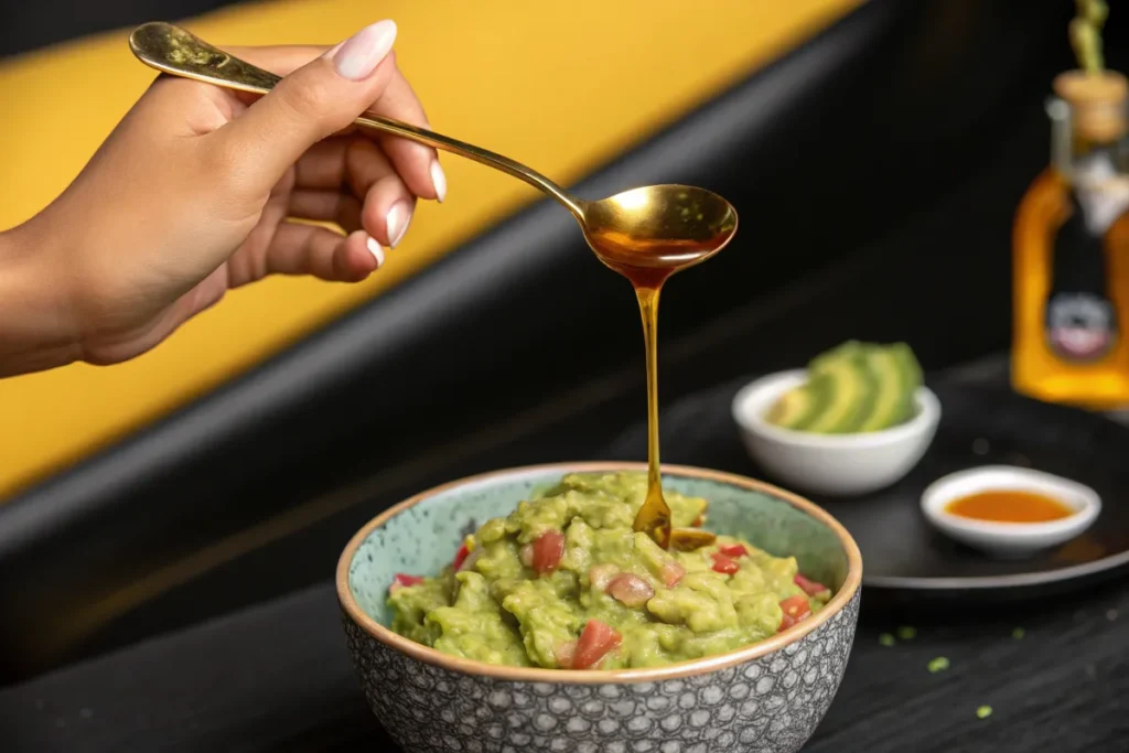 A hand drizzles honey onto a bowl of guacamole.