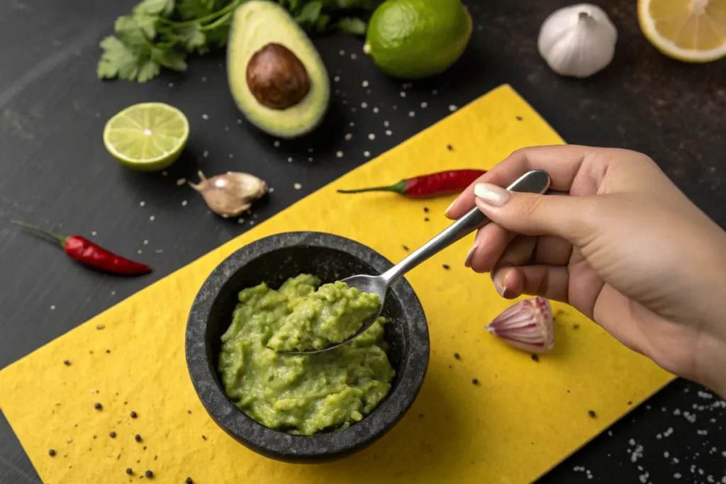 How Do You Spice Up a Bland Guacamole? : A hand dips a spoon into a bowl of fresh guacamole.