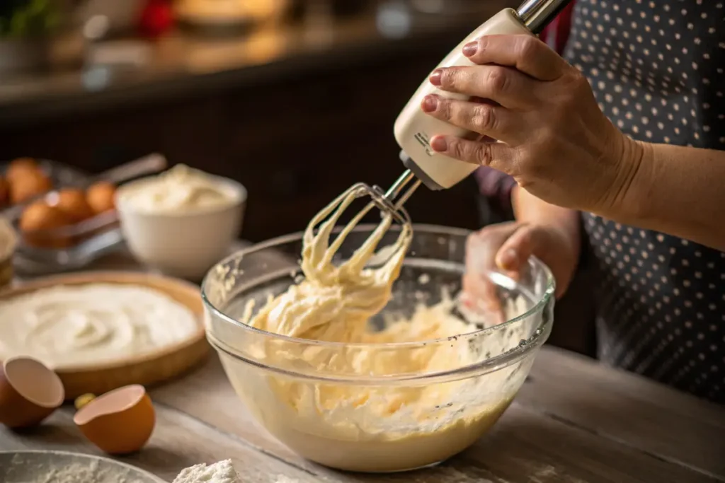 A woman uses a hand mixer to blend cake batter in a glass bowl.