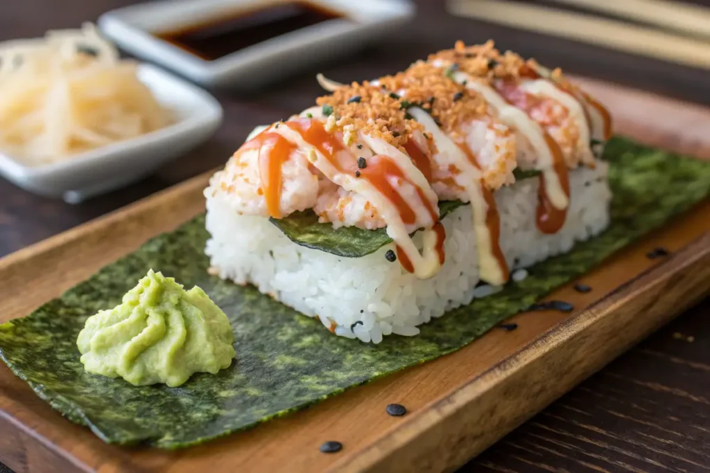 A piece of sushi topped with cooked shrimp, crunchy flakes, and drizzled sauces rests on a seaweed sheet with wasabi on the side.