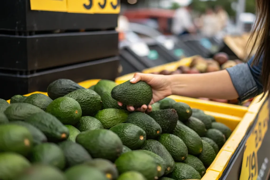 A hand selects a ripe avocado from a bin of avocados at a grocery store.