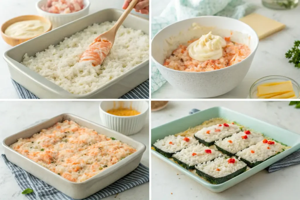 Four-part image shows steps to make sushi casserole.