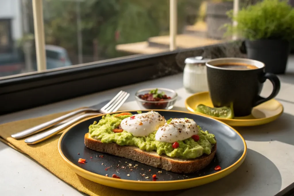A slice of avocado toast topped with poached eggs sits on a plate next to a cup of coffee.