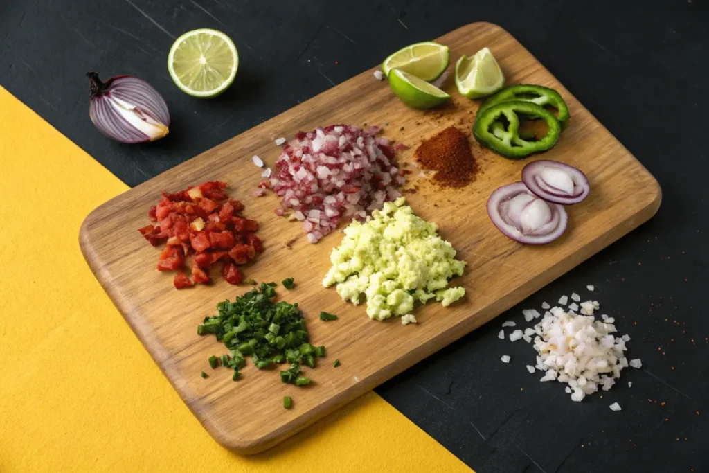 How Do You Spice Up a Bland Guacamole? : A wooden cutting board displays chopped tomatoes, onions, cilantro, avocado, spices, jalapenos, and lime wedges.