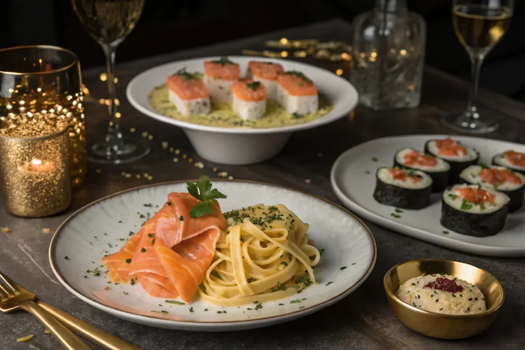 A table is set with plates of pasta with smoked salmon, sushi rolls, and other appetizers.
