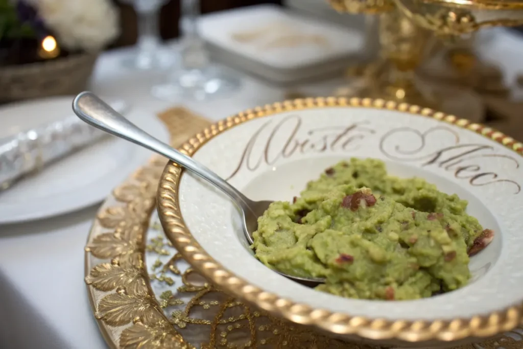 A bowl with bacon bits sits on a gold-rimmed plate.