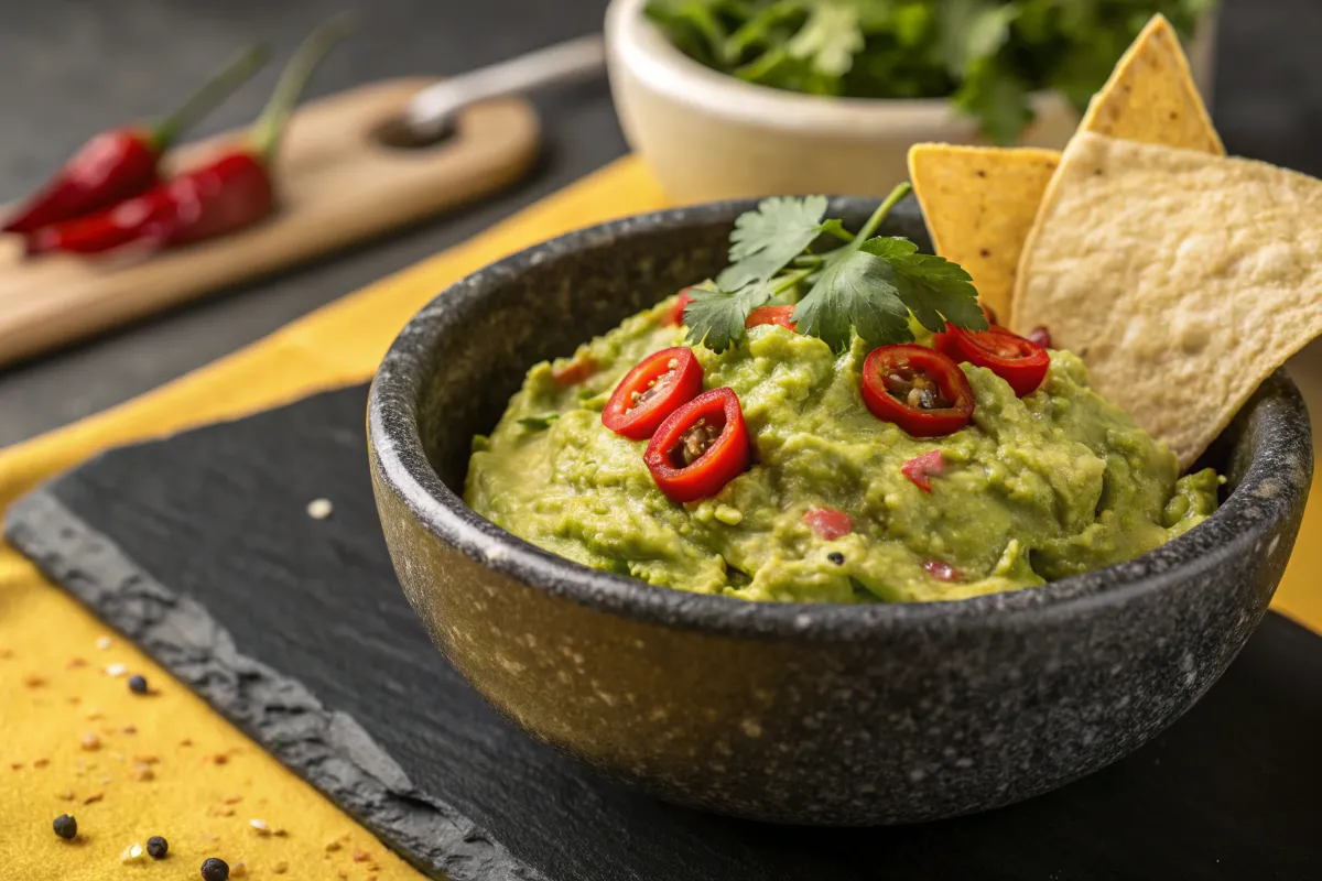 A bowl of guacamole topped with sliced chili peppers and cilantro is served with tortilla chips.