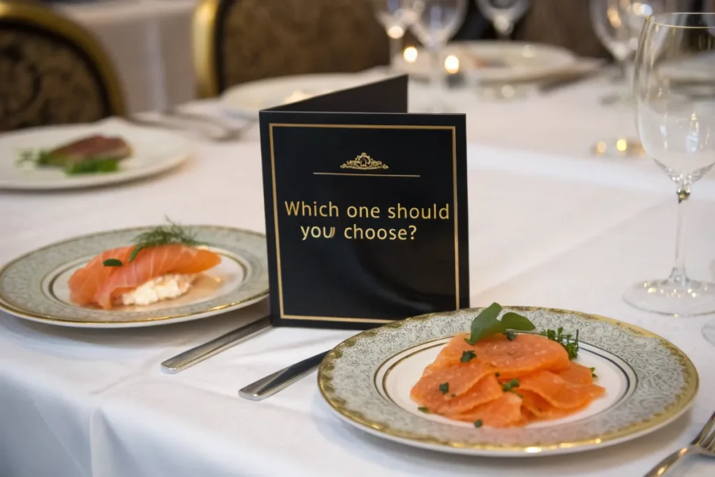 Two plates of salmon are presented on a table with a sign asking "Which one should you choose?".