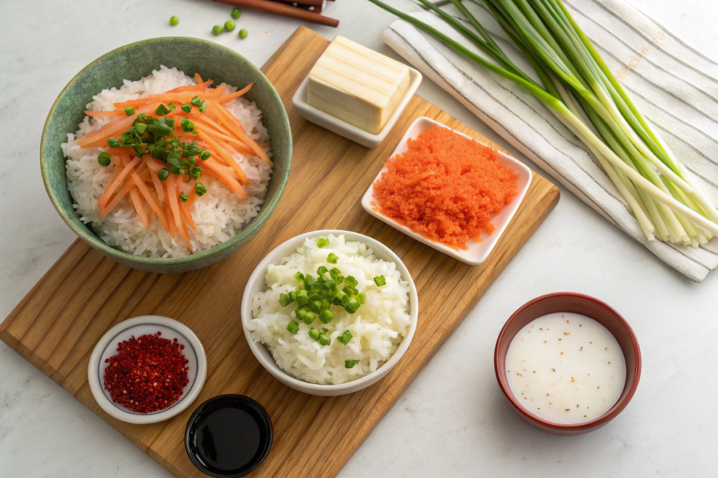 Bowls  topped with carrots, green onions, and other ingredients are arranged on a wooden cutting board.