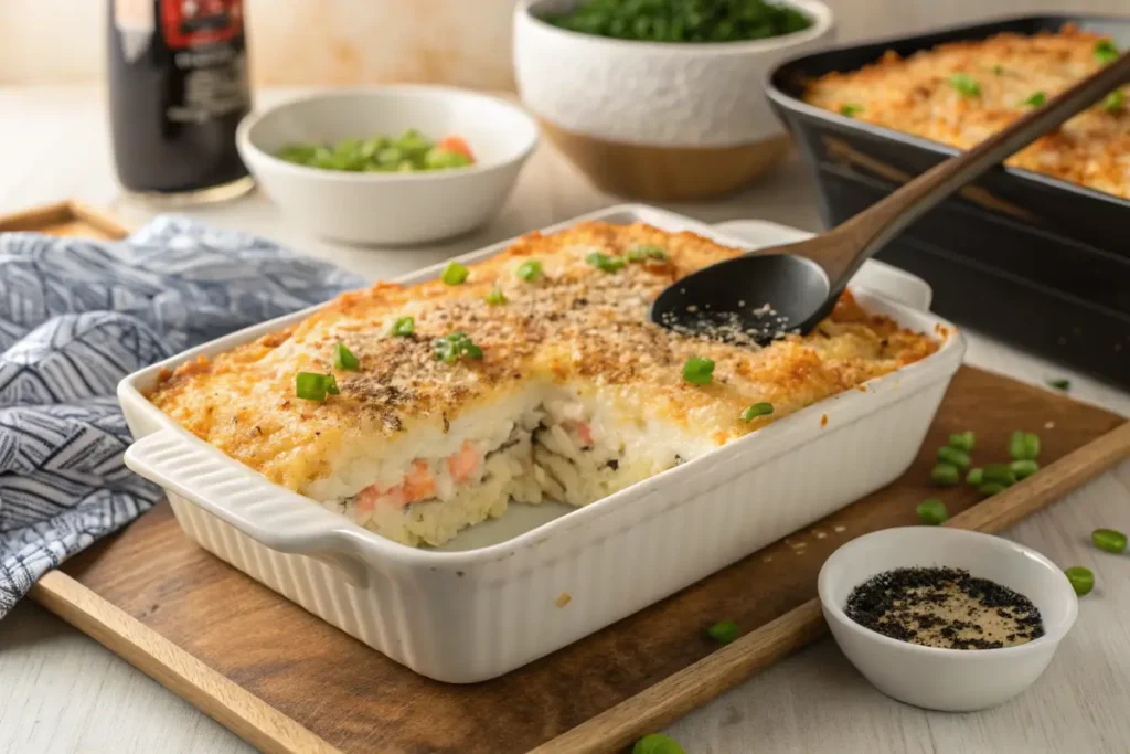A cream dish with a scooped-out portion reveals layers of salmon and rice.