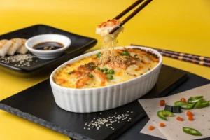Chopsticks lift a cheesy bite of shrimp casserole from a white ramekin.