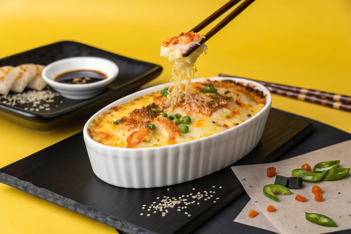 Chopsticks lift a cheesy bite of shrimp casserole from a white ramekin.