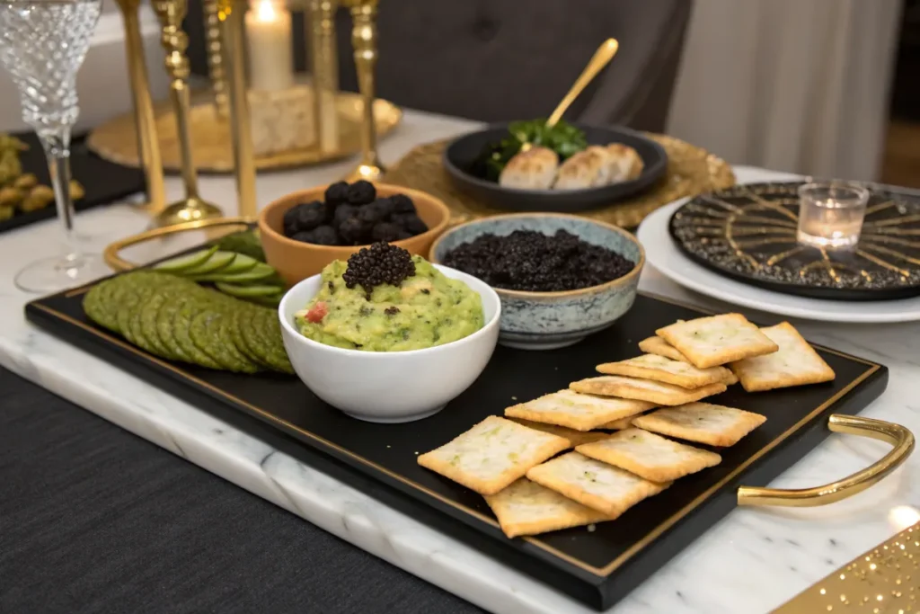 A table setting with various appetizers including caviar, guacamole, and crackers.