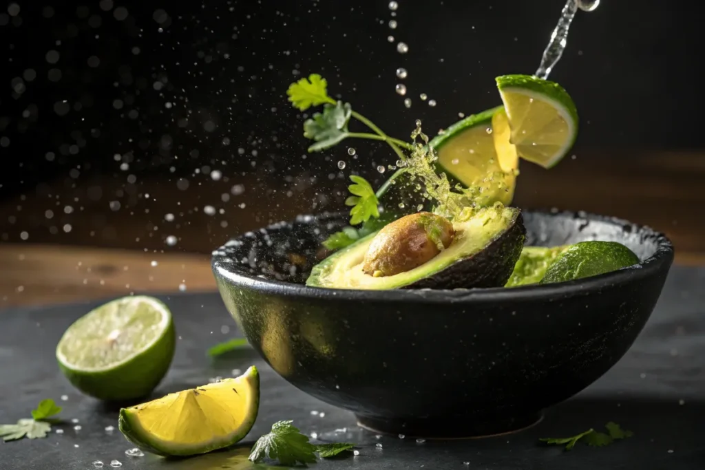 A black bowl contains avocado halves, lime slices, and cilantro sprigs, with water splashing over them.